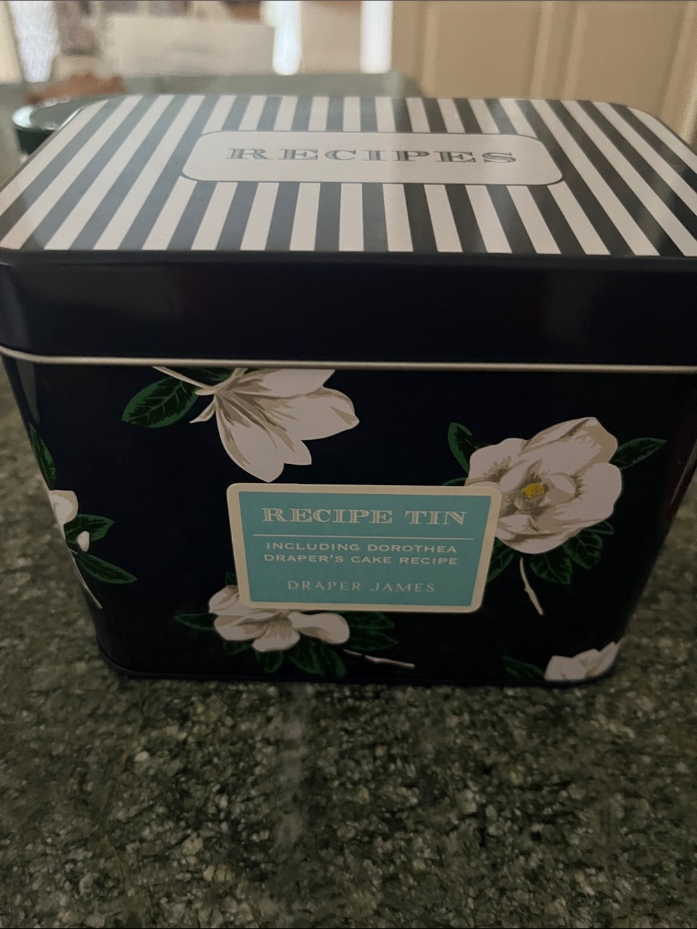 Draper James Navy Floral Recipe Tin with White Flowers and Green Leaves